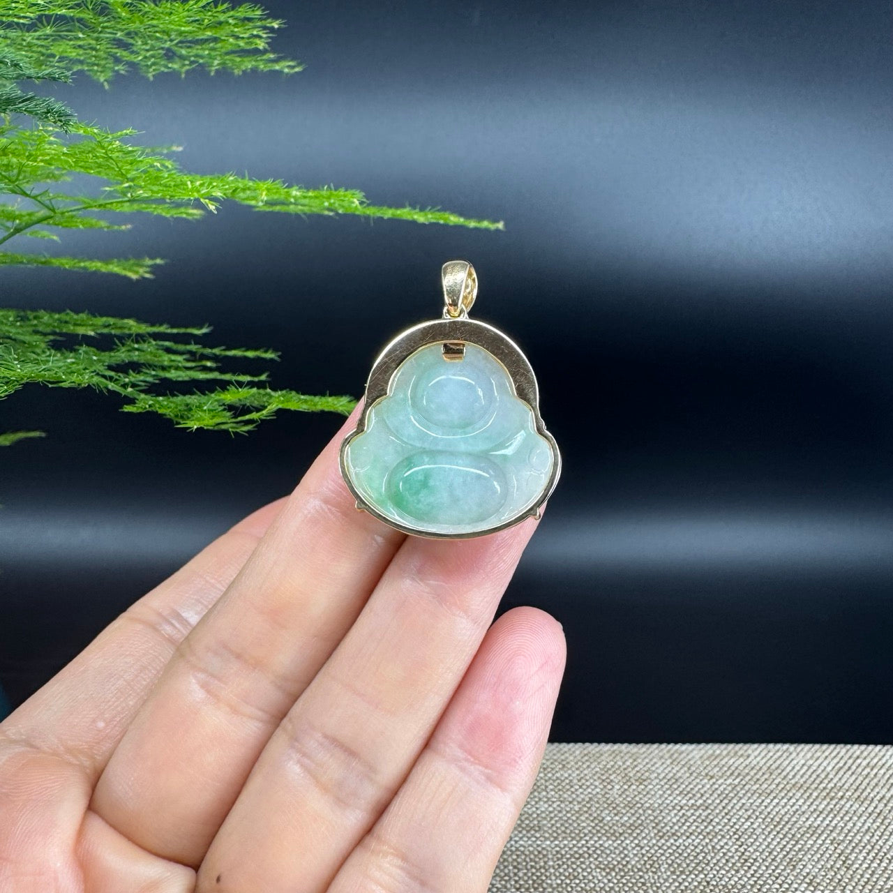 14K Yellow Gold Burmese Green Jadeite Jade Happy Buddha Pendant