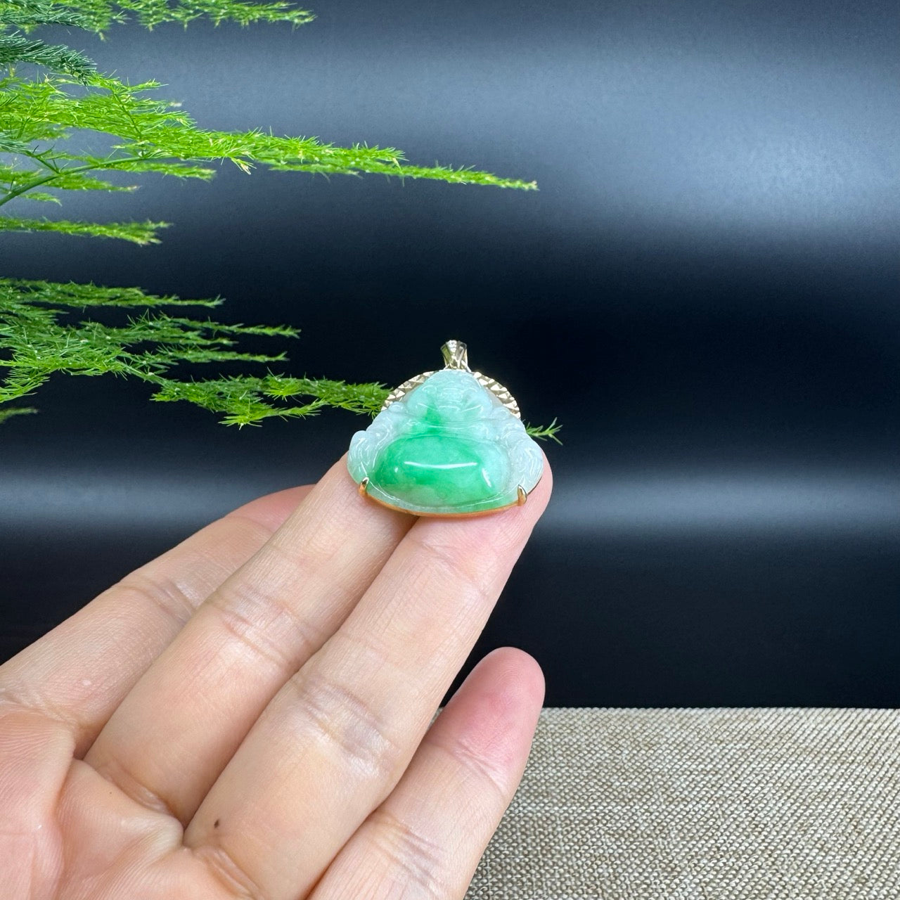 14K Yellow Gold Burmese Green Jadeite Jade Happy Buddha Pendant With Diamonds