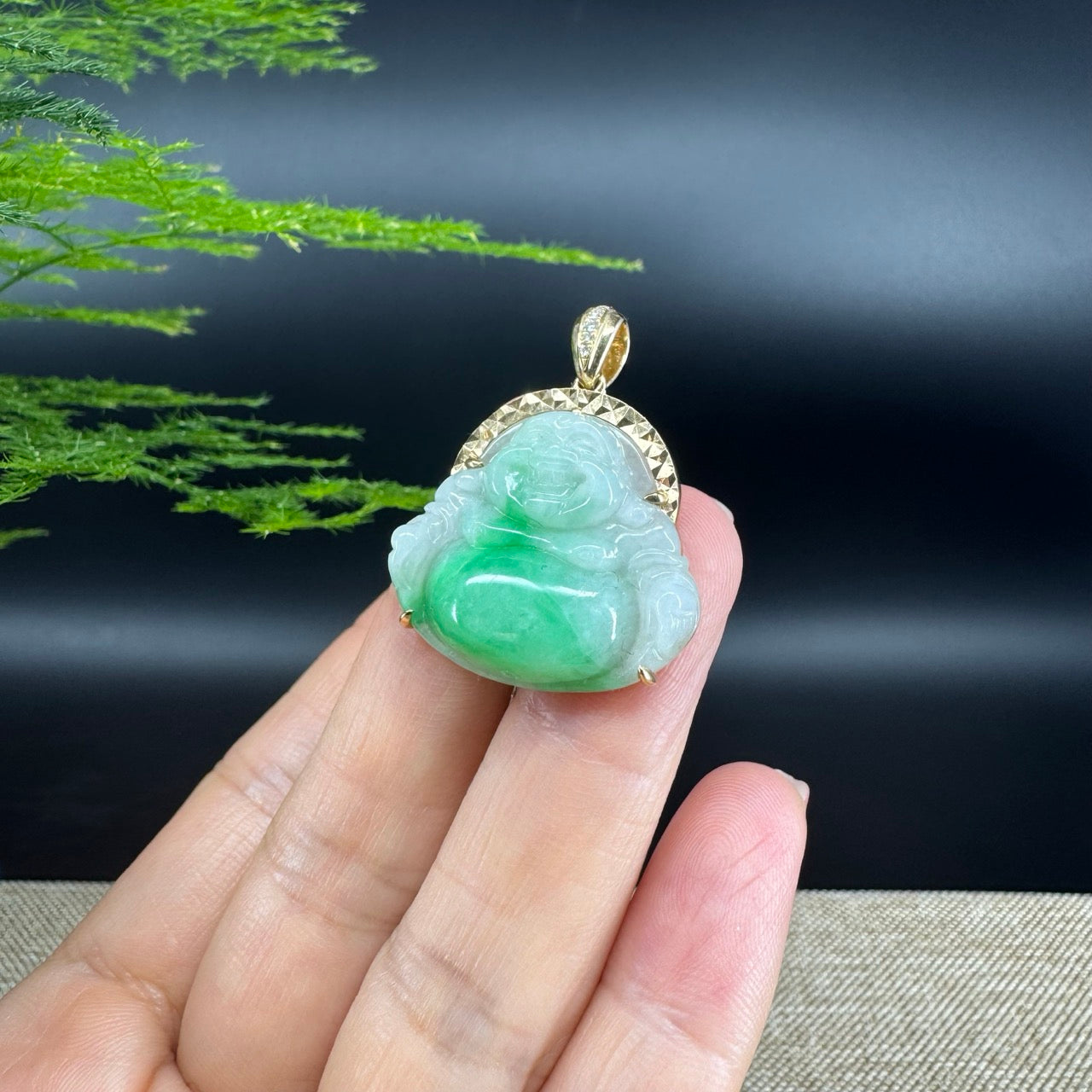 14K Yellow Gold Burmese Green Jadeite Jade Happy Buddha Pendant With Diamonds