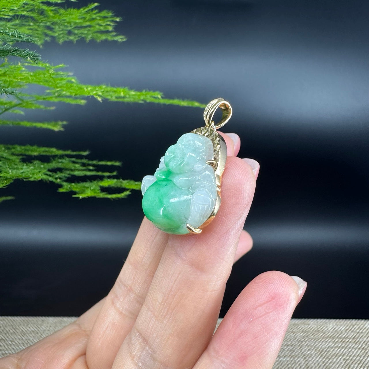 14K Yellow Gold Burmese Green Jadeite Jade Happy Buddha Pendant With Diamonds