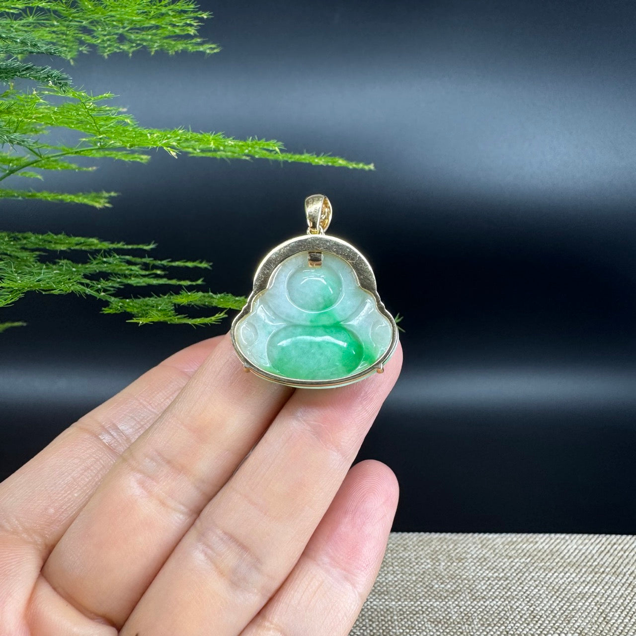 14K Yellow Gold Burmese Green Jadeite Jade Happy Buddha Pendant With Diamonds