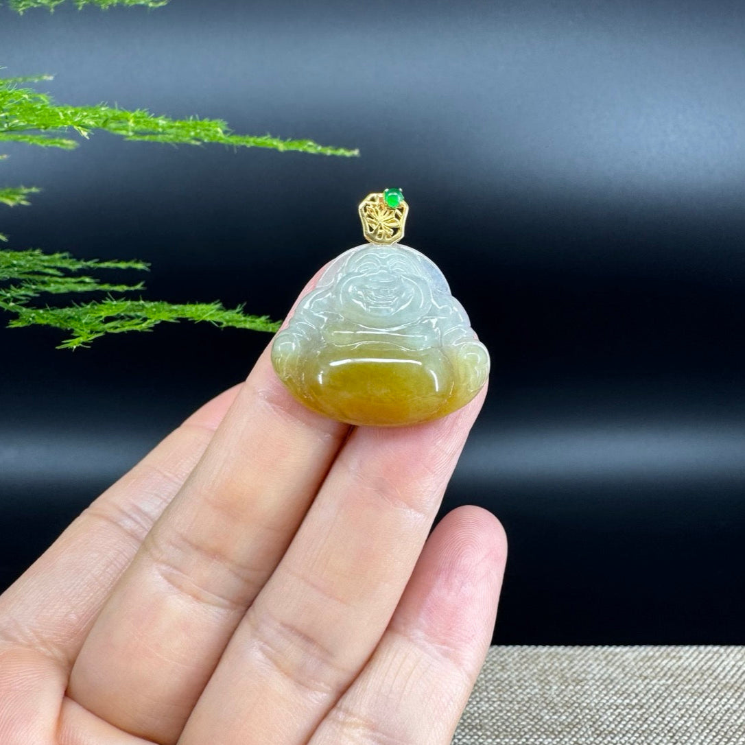 The pendant shape of the buddha.The pendant color is icy yellow.