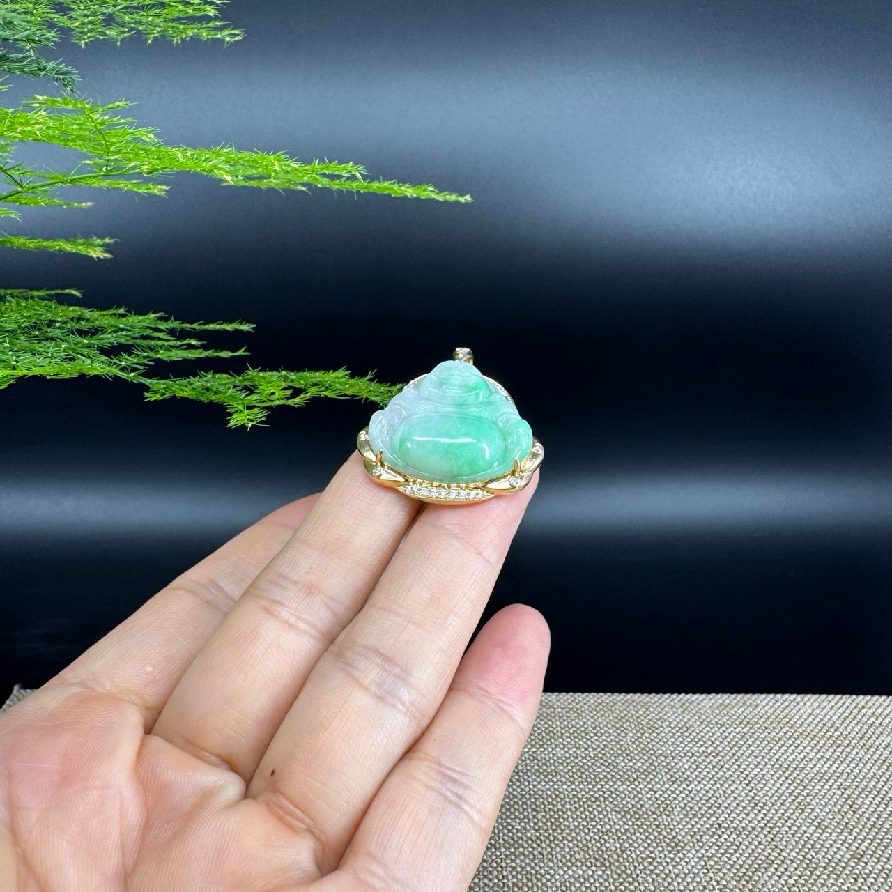 14K Yellow Gold Burmese Green Jadeite Jade Happy Buddha Pendant