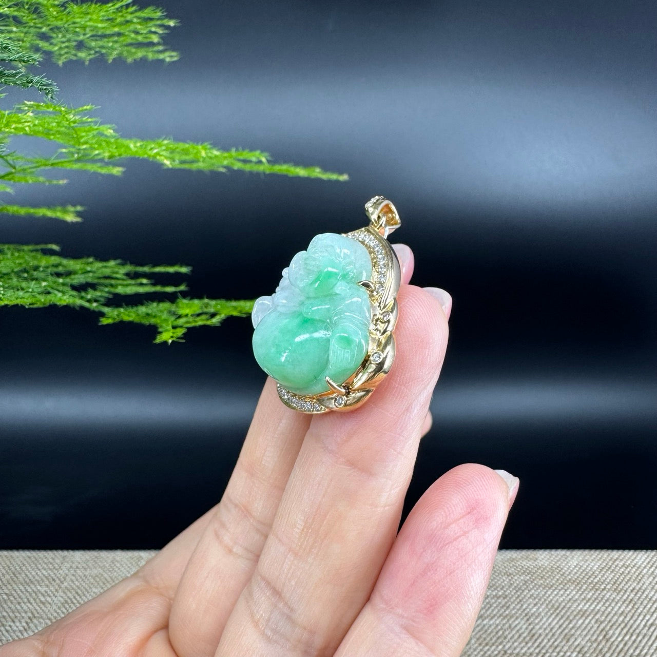 14K Yellow Gold Burmese Green Jadeite Jade Happy Buddha Pendant