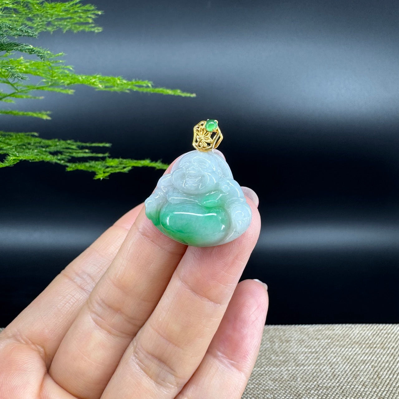 18K Yellow Gold Burmese Green Jadeite Jade Happy Buddha Pendant