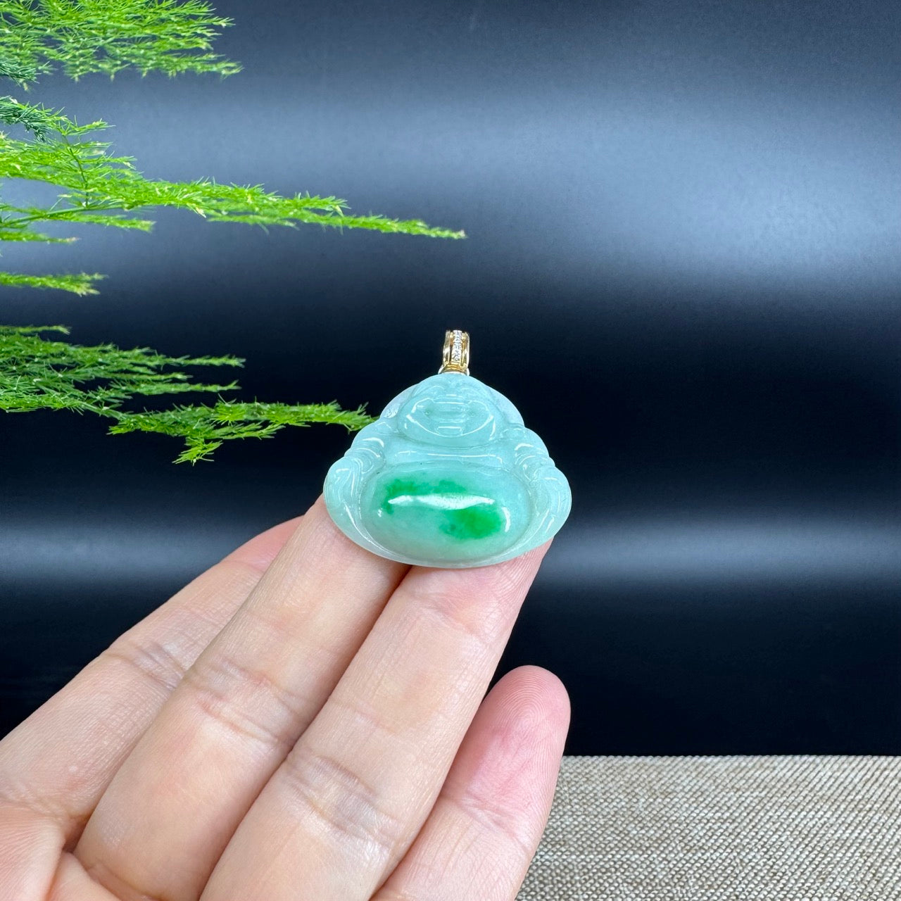 14K Yellow Gold  Burmese Green Jadeite Jade Happy Buddha Pendant with Diamond Bail