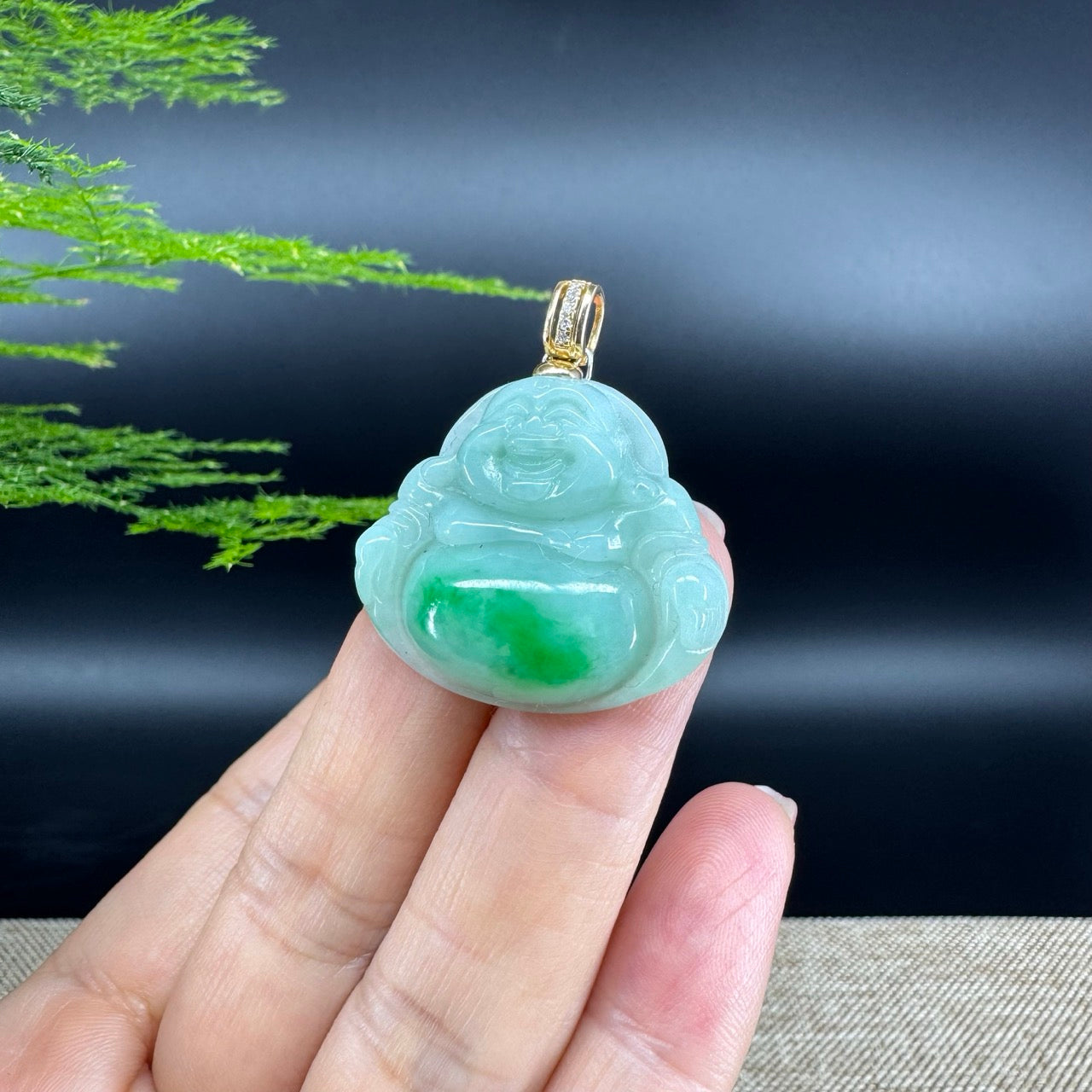 14K Yellow Gold  Burmese Green Jadeite Jade Happy Buddha Pendant with Diamond Bail