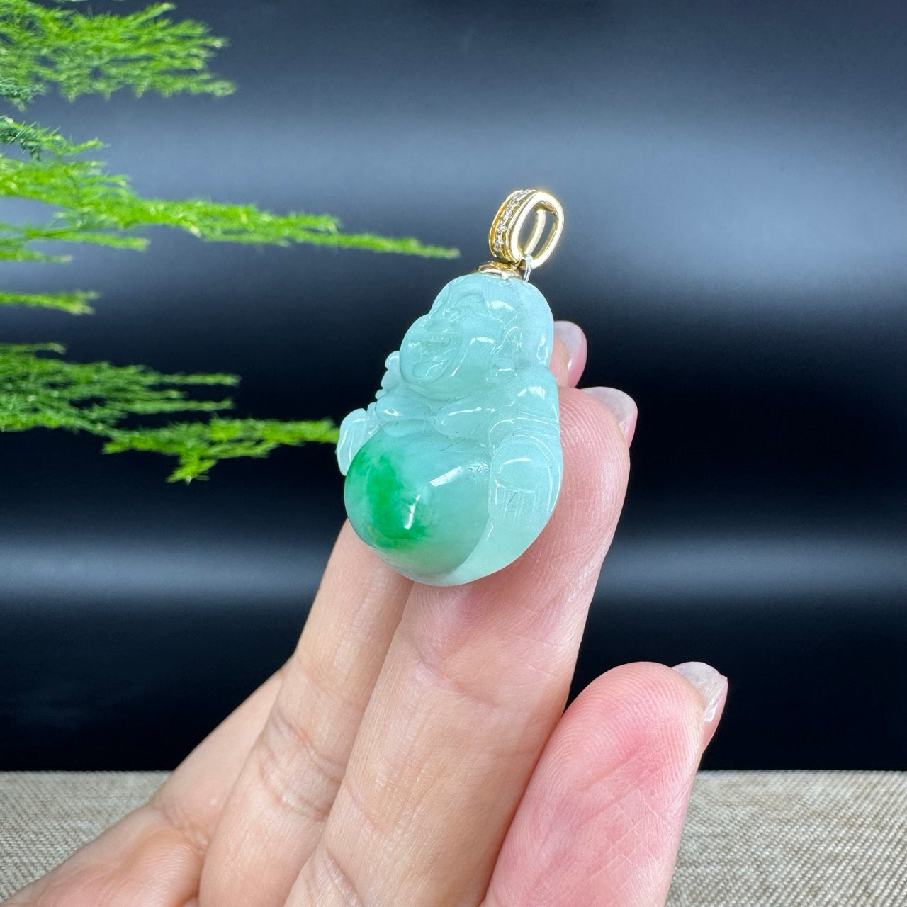 14K Yellow Gold  Burmese Green Jadeite Jade Happy Buddha Pendant with Diamond Bail
