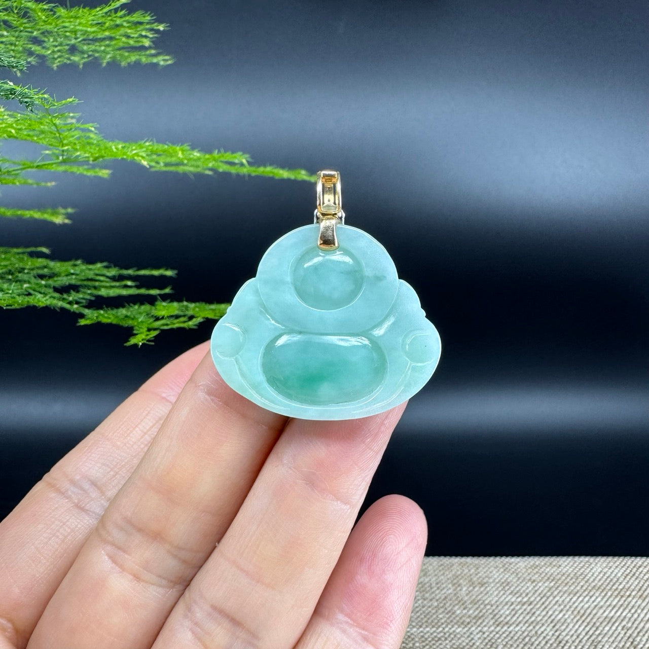 14K Yellow Gold  Burmese Green Jadeite Jade Happy Buddha Pendant with Diamond Bail