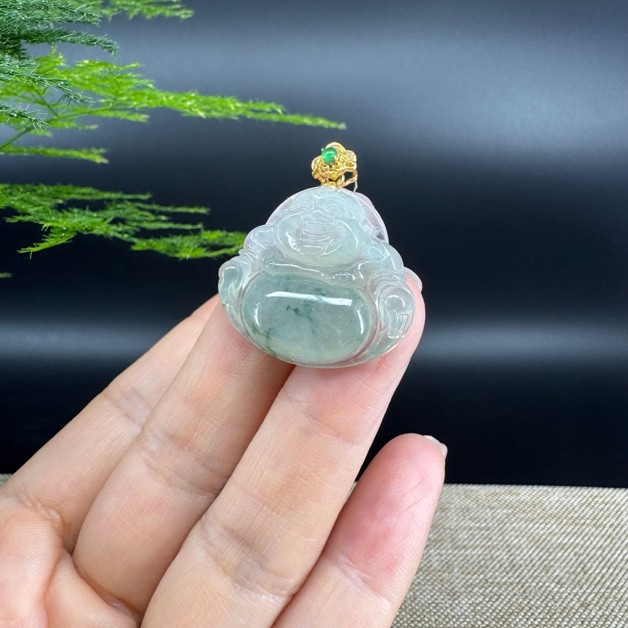 18K Yellow Gold Burmese Icy Green Jadeite Jade Happy Buddha Pendant