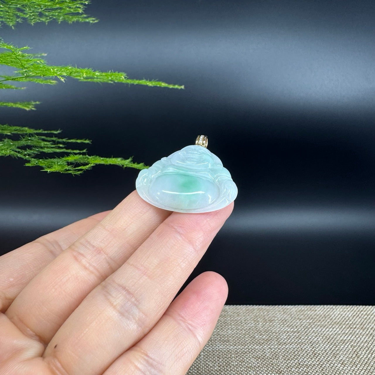 14K Yellow Gold Natural Burmese Green Jadeite Jade Happy Buddha Pendant with Gold Diamond Bail