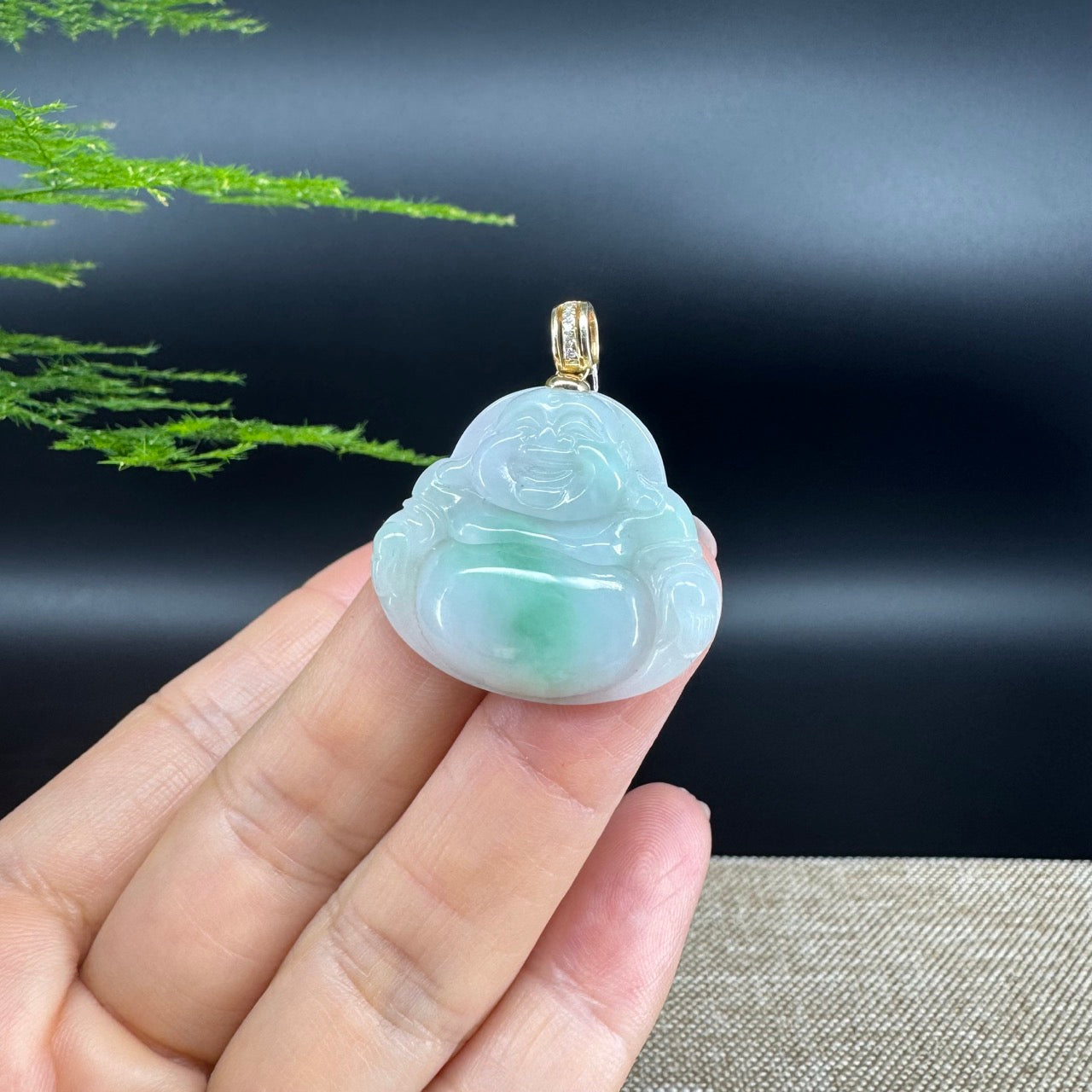 14K Yellow Gold Natural Burmese Green Jadeite Jade Happy Buddha Pendant with Gold Diamond Bail