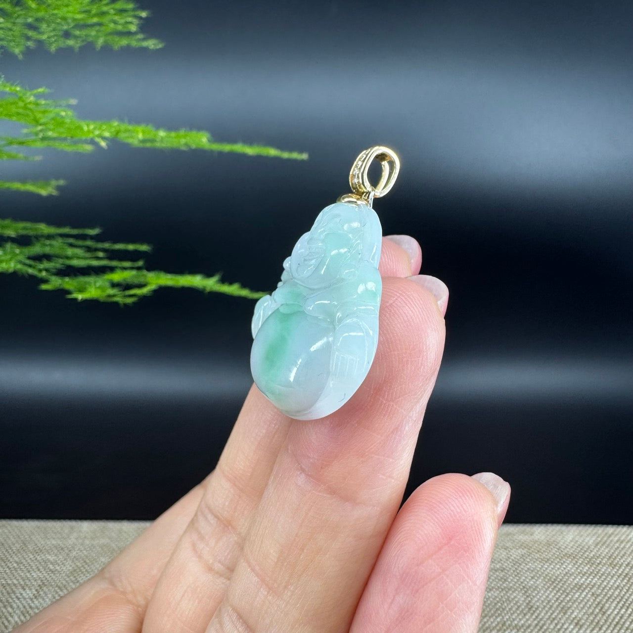 14K Yellow Gold Natural Burmese Green Jadeite Jade Happy Buddha Pendant with Gold Diamond Bail