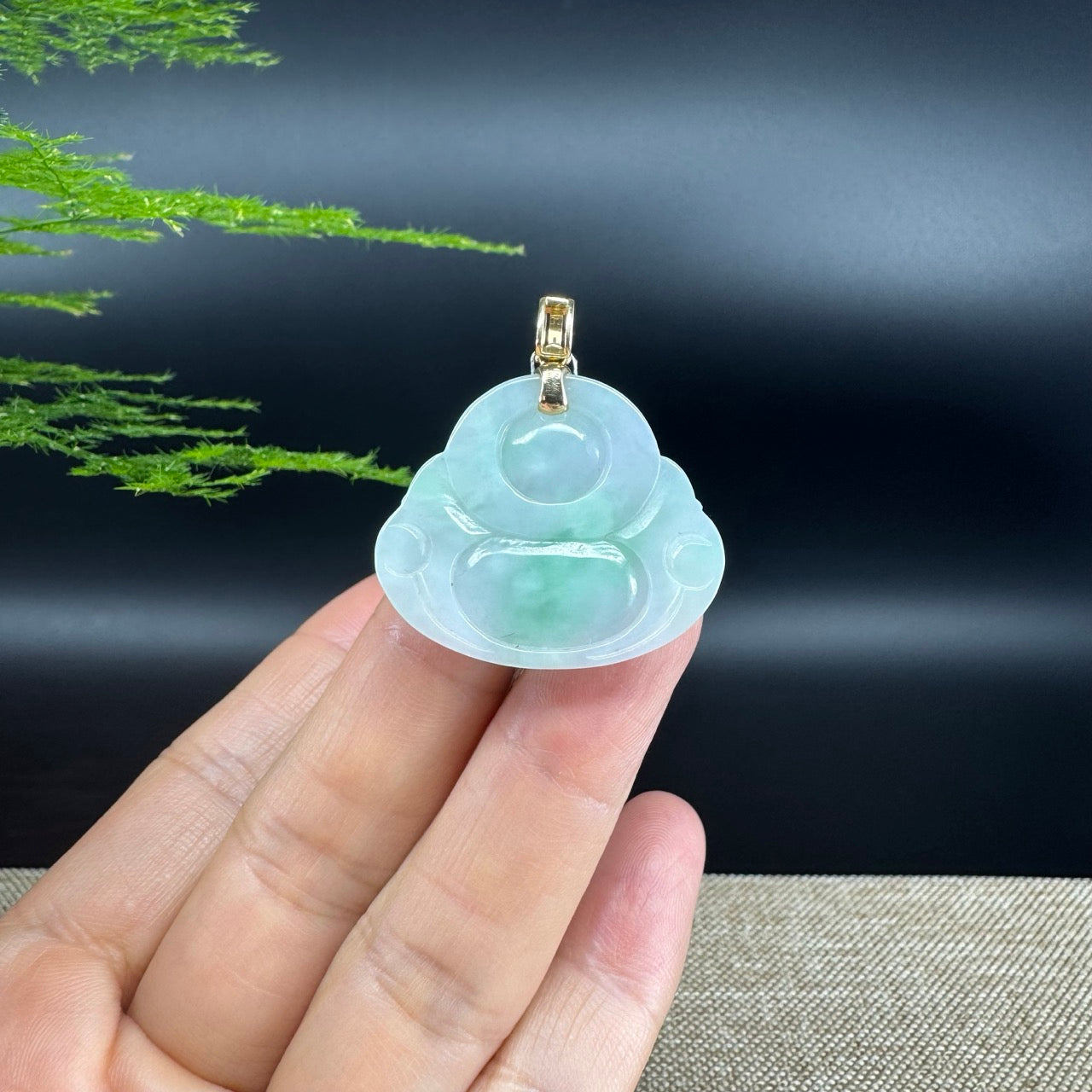 14K Yellow Gold Natural Burmese Green Jadeite Jade Happy Buddha Pendant with Gold Diamond Bail