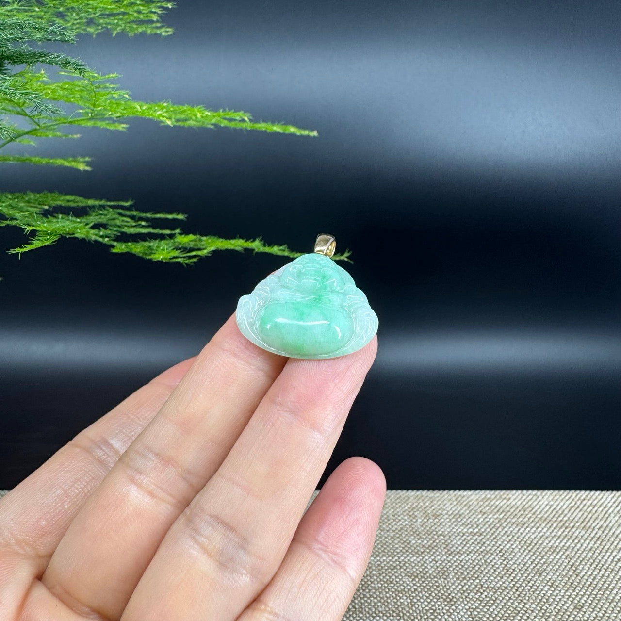 14K Yellow Gold Burmese Green Jadeite Jade Happy Buddha Pendant