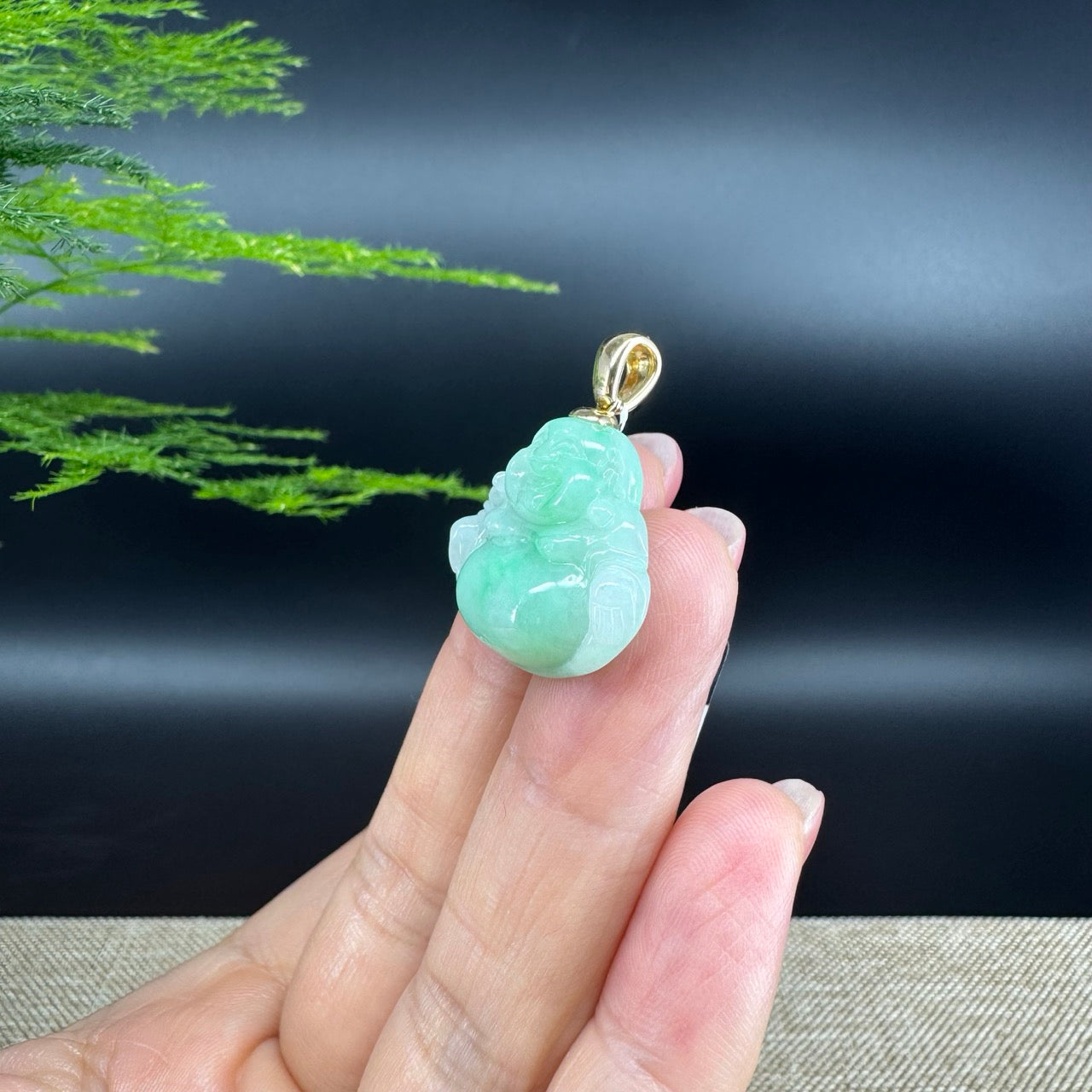 14K Yellow Gold Burmese Green Jadeite Jade Happy Buddha Pendant