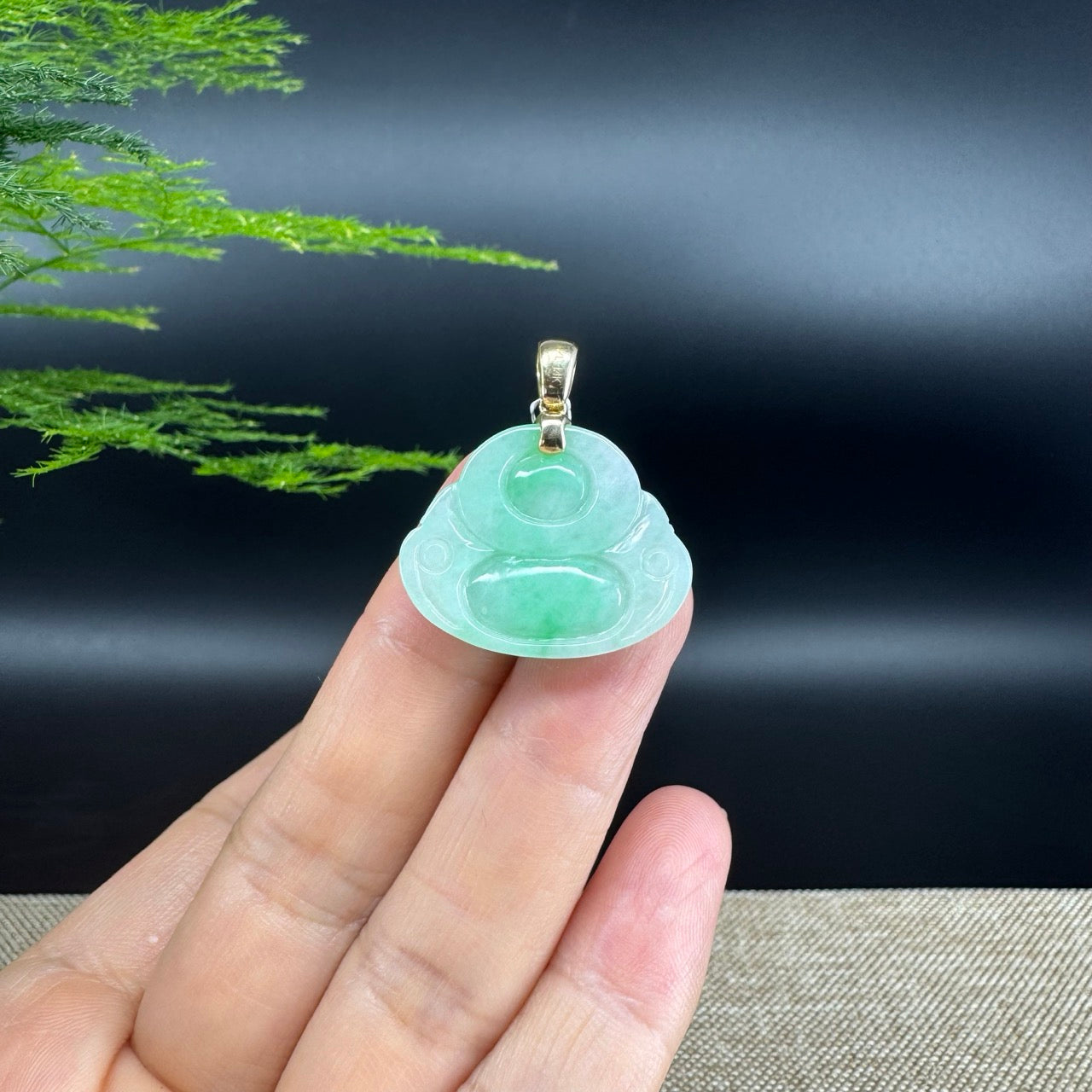 14K Yellow Gold Burmese Green Jadeite Jade Happy Buddha Pendant