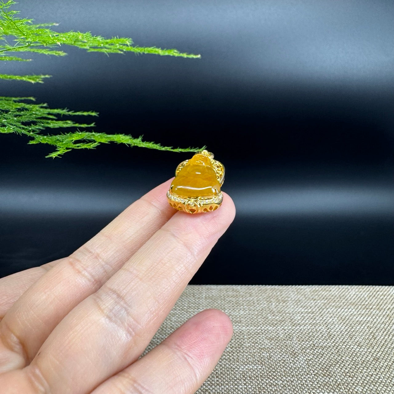 High-end 18K Yellow Gold Burmese Honey Yellow Jadeite Jade Guanyin Pendant with Diamond