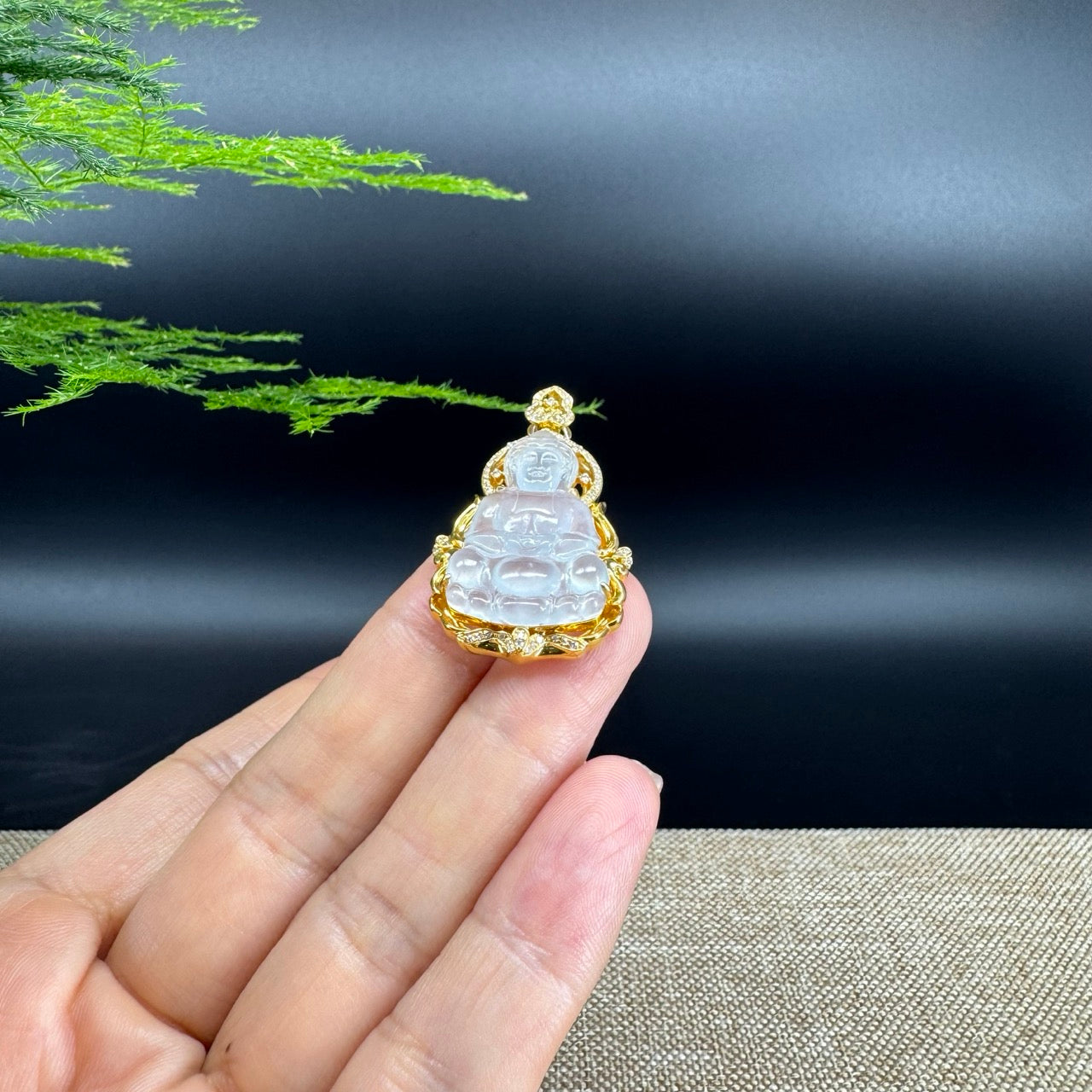 High-end 18K Yellow Gold Burmese Icy Jadeite Jade Guanyin Pendant with Diamond