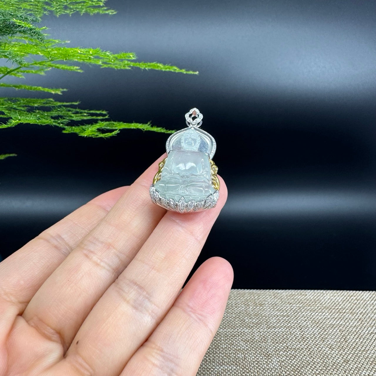 High-end 18K White&Yellow Gold Burmese Icy Jadeite Jade Guanyin Pendant with Diamond