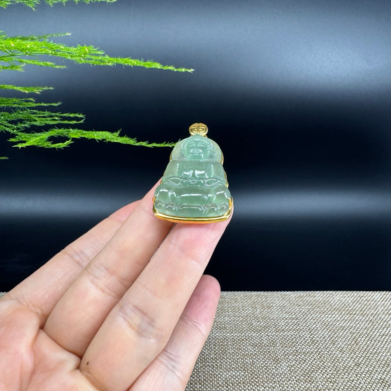 "Goddess of Compassion" 18k Yellow Gold Genuine Burmese Jadeite Jade Guanyin Necklace With Good Luck Design