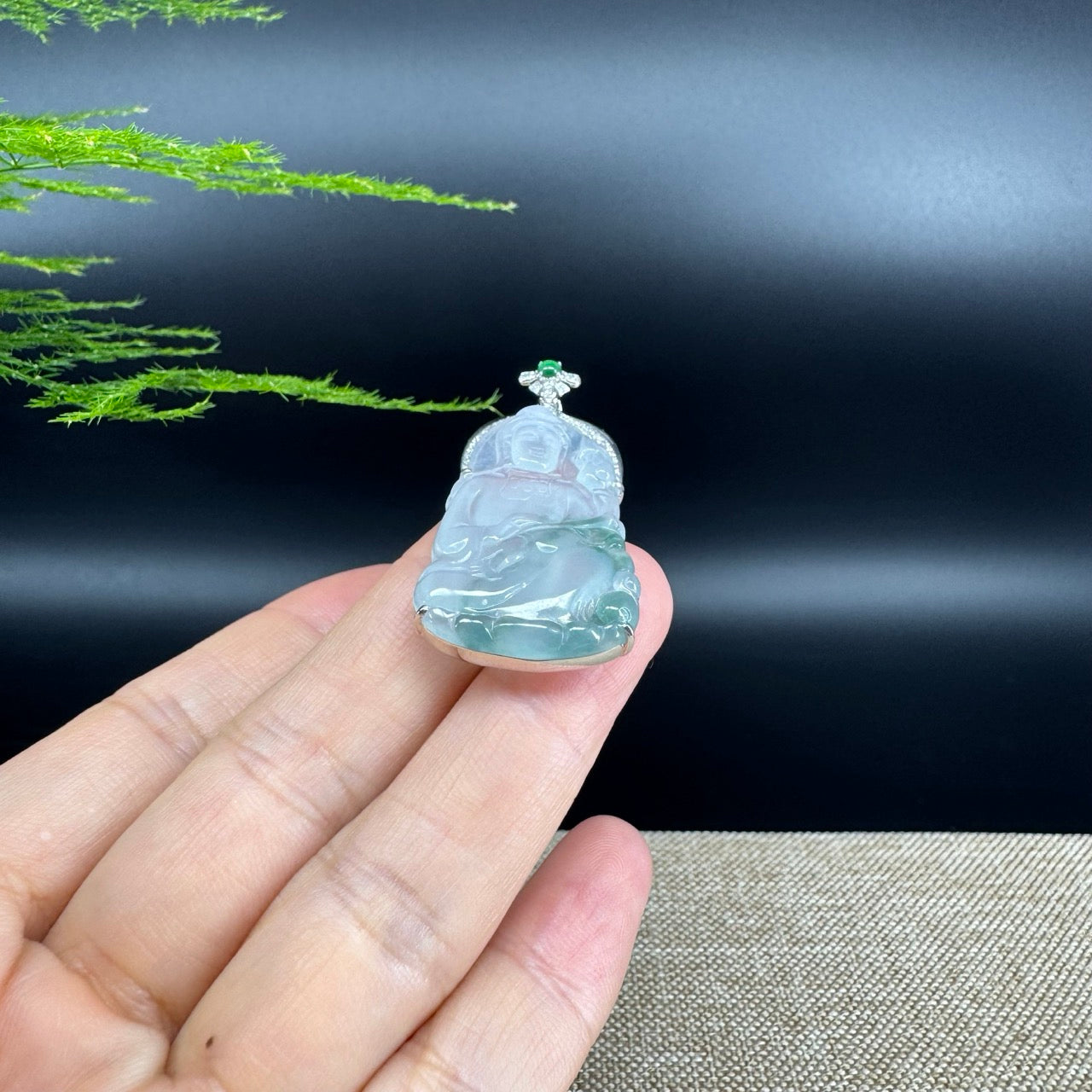 18K White Gold High-End Icy Green Jadeite Jade "Goddess of Compassion" Guan Yin Necklace with Diamonds