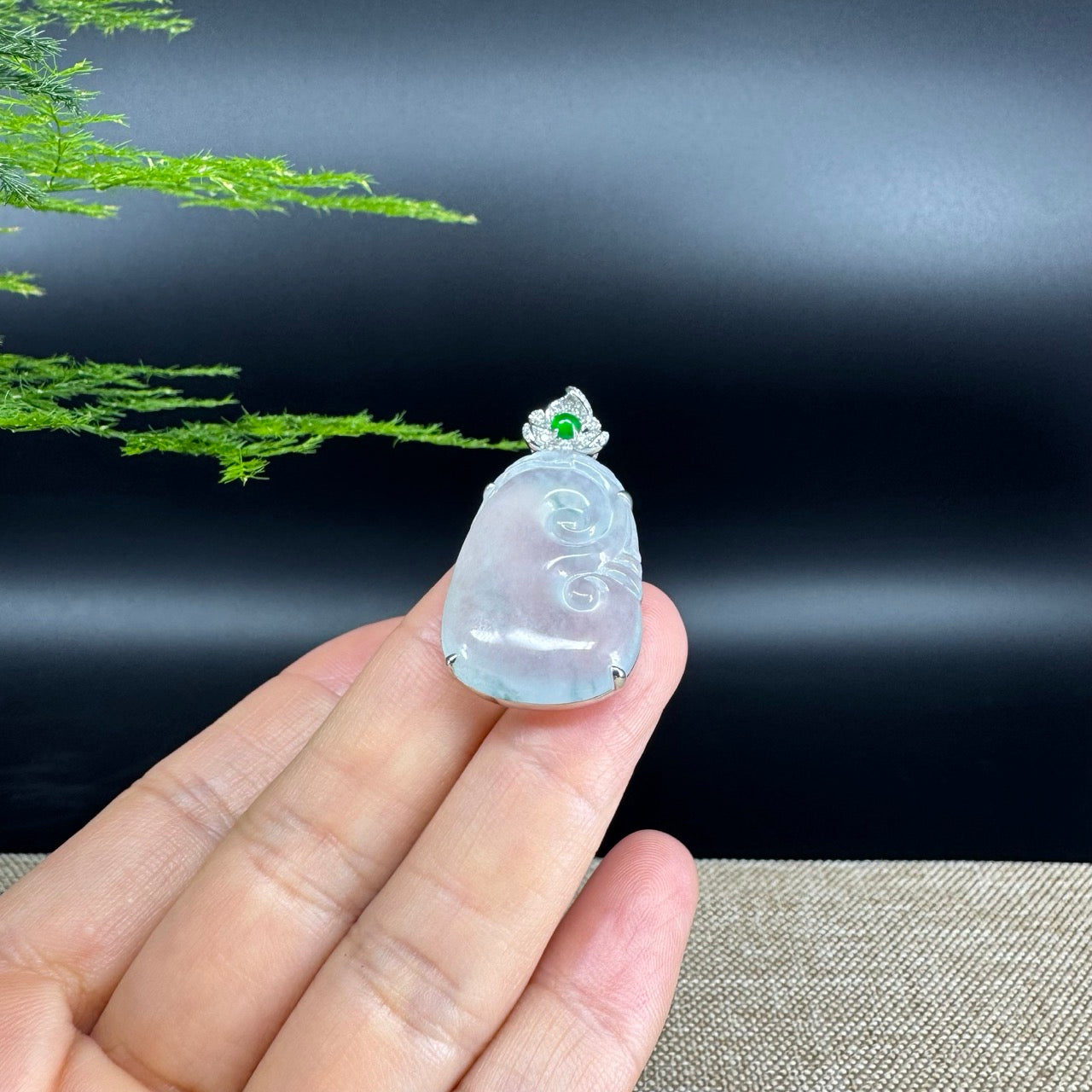 RealJade® Co. Genuine Burmese Icy Jadeite Jade Ru Yi Pendant with 18k White Gold Diamond Bail