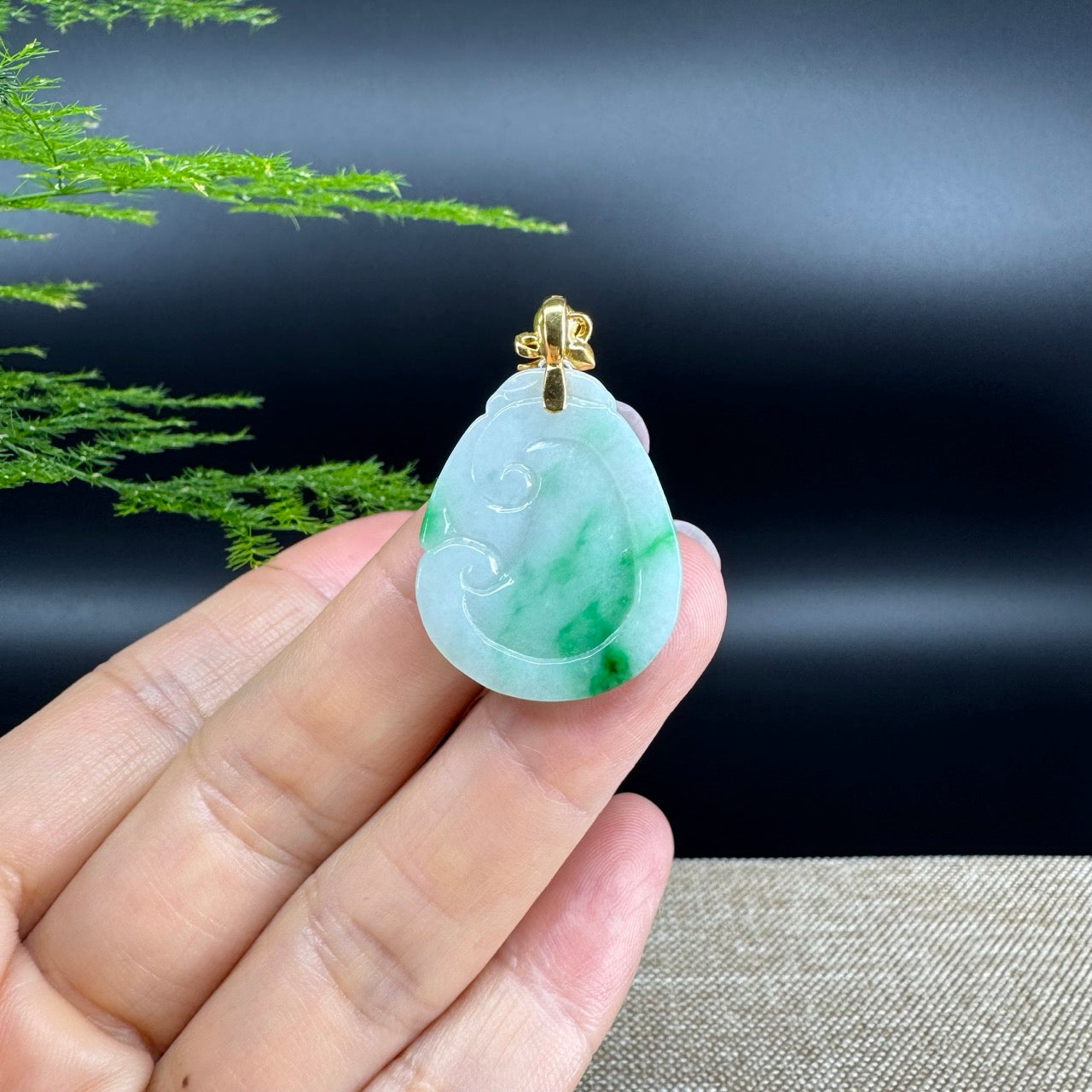 RealJade® Co. Genuine White Green Jadeite Jade Good Luck RuYi Necklace With 18K Yellow Gold Bail