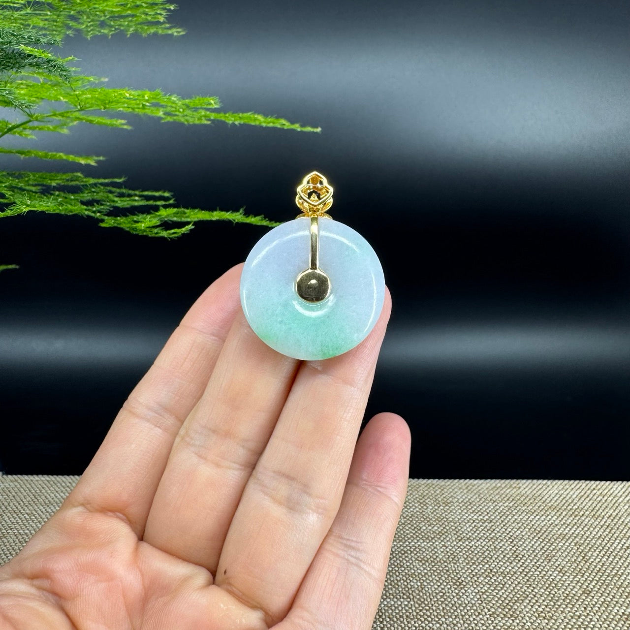 "Good Luck Button" Lavender Green Jadeite Jade Lucky KouKou Pendant With 18K Yellow Gold Bail