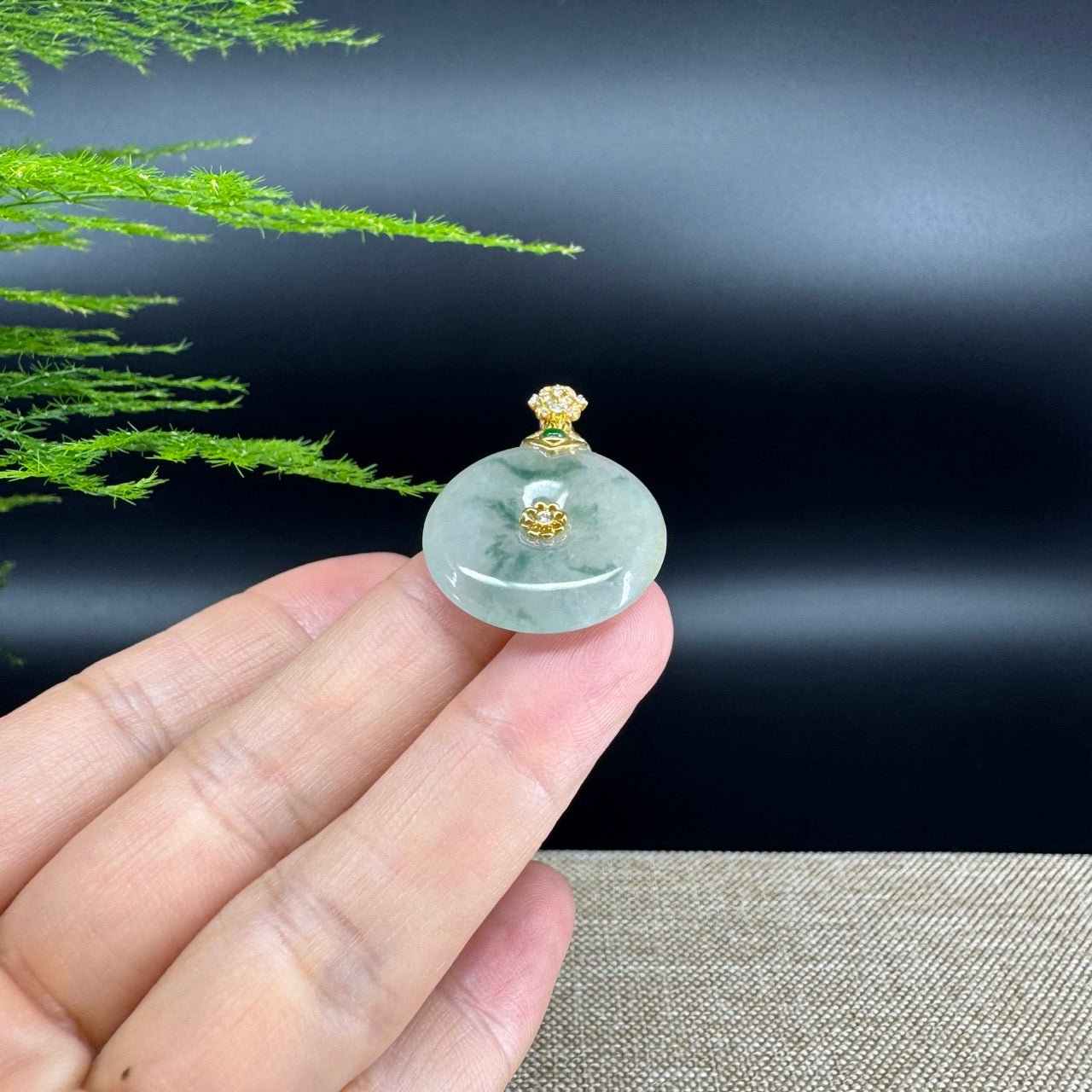 "Good Luck Button" icy Green Jadeite Jade Lucky KouKou Pendant With 18K Yellow Gold Bail