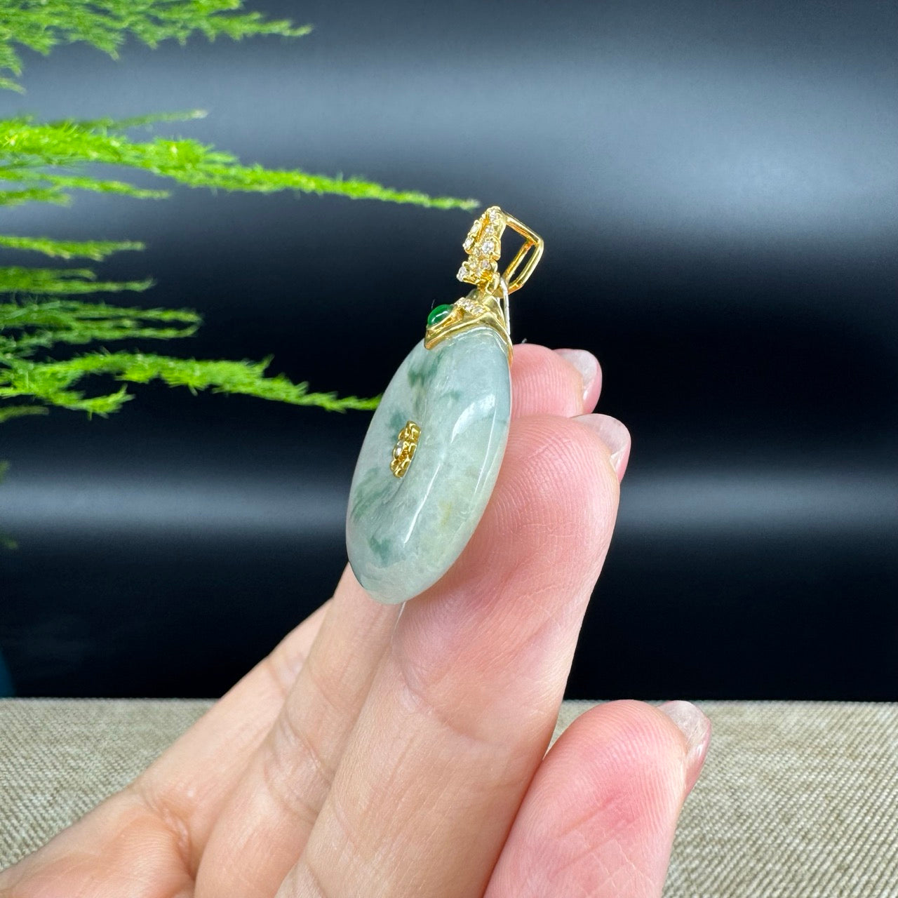 "Good Luck Button" icy Green Jadeite Jade Lucky KouKou Pendant With 18K Yellow Gold Bail
