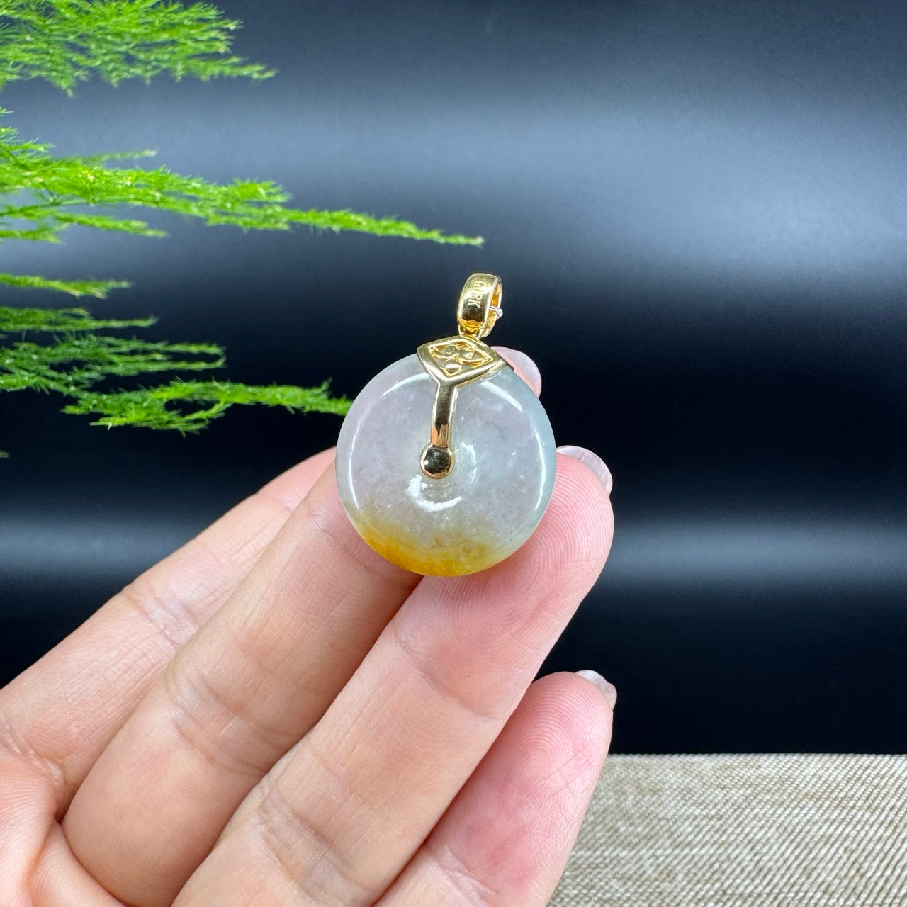 "Good Luck Button"Icy Yellow Green Jadeite Jade Lucky KouKou Pendant With 18K Yellow Gold Bail
