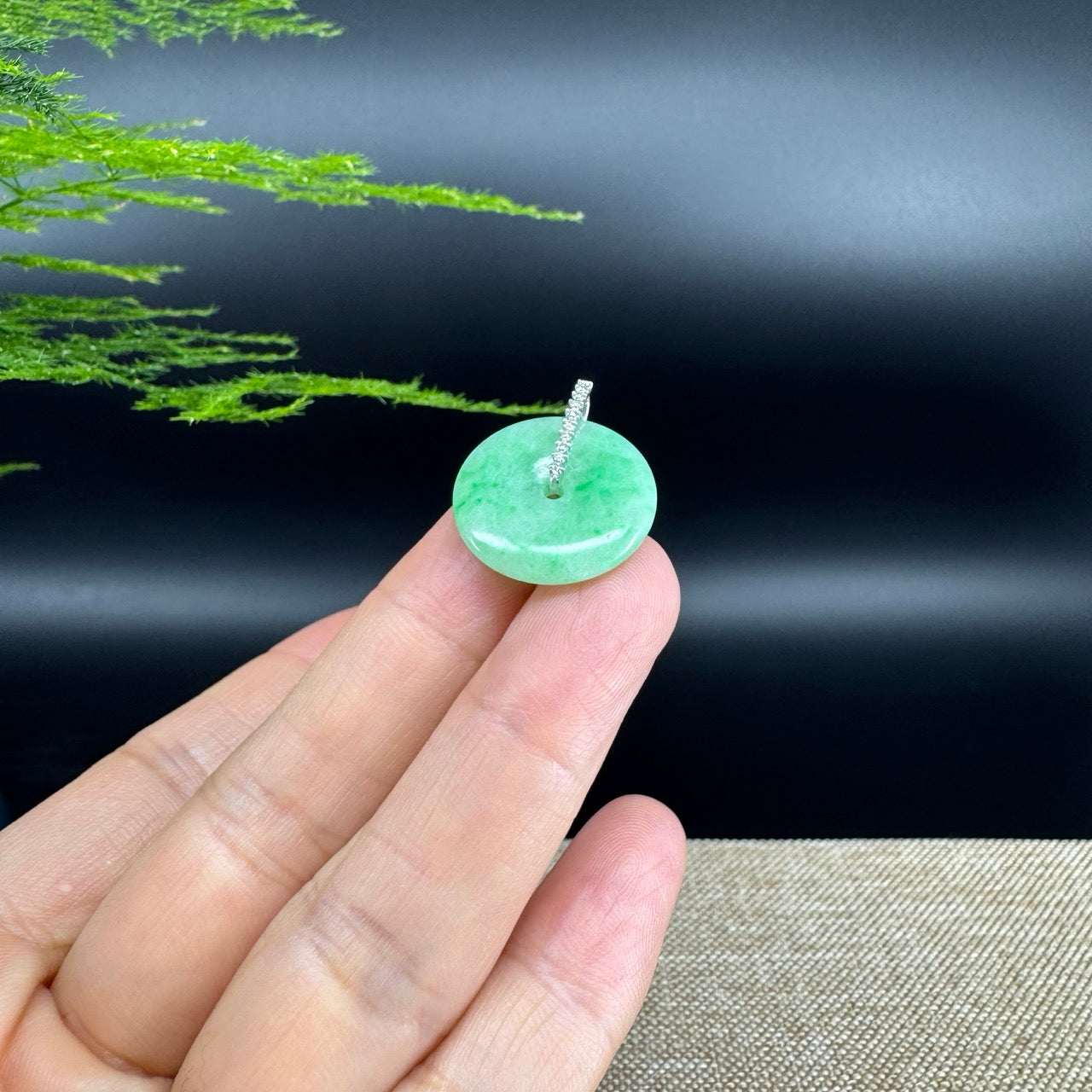 "Good Luck Button" Green Jadeite Jade Lucky KouKou Pendant With 18K White Gold Diamond Bail