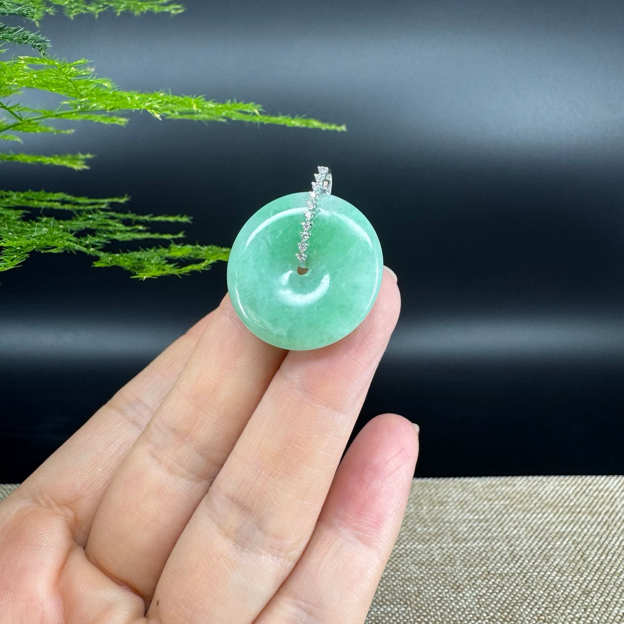 "Good Luck Button" Green Jadeite Jade Lucky KouKou Pendant With 18K White Gold Diamond Bail
