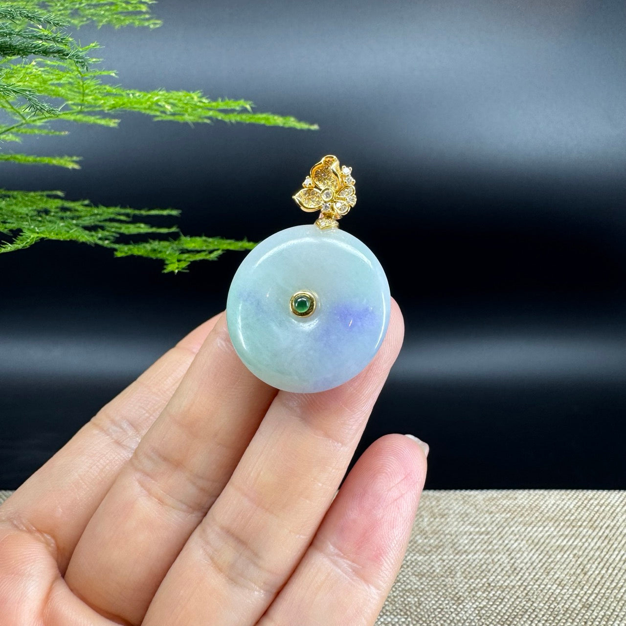"Good Luck Button"Lavender Green Jadeite Jade Lucky KouKou Pendant With 18K Yellow Gold Bail