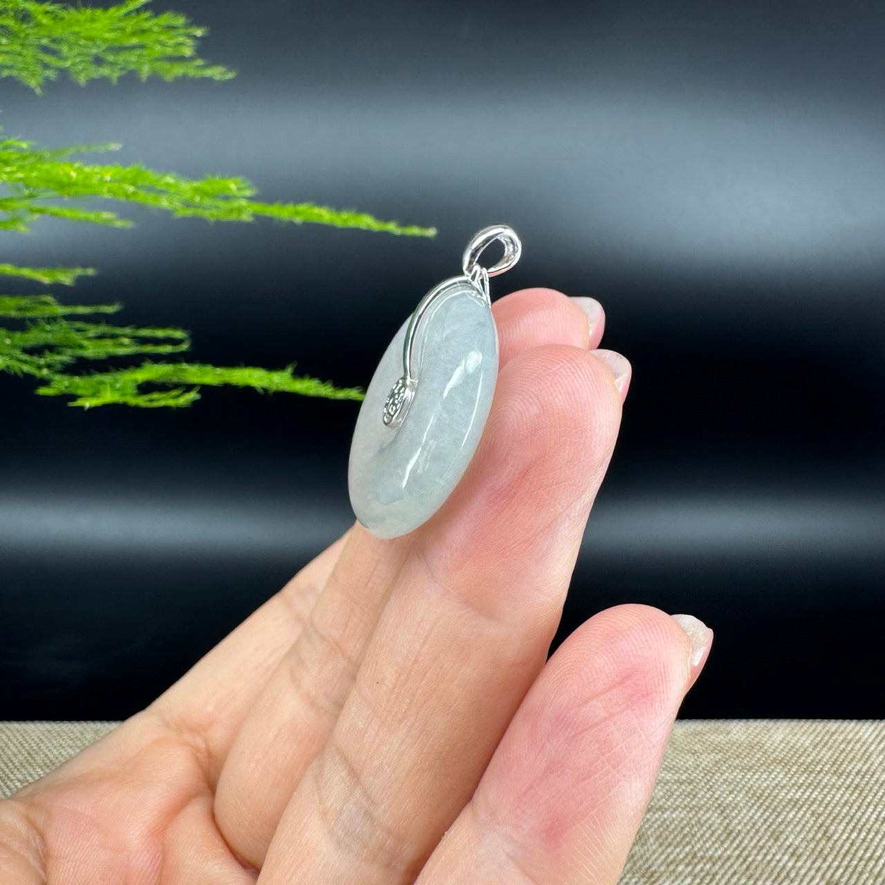 "Good Luck Button" Icy Jadeite Jade Lucky KouKou Pendant With 18K White Gold Bail