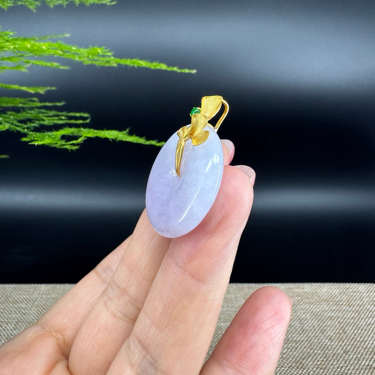 "Good Luck Button" Lavender Jadeite Jade Lucky KouKou Pendant With 18K Yellow Gold Bail
