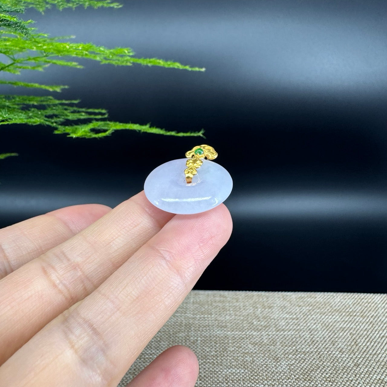 "Good Luck Button" Icy Jadeite Jade Lucky KouKou Pendant With 18K Yellow Gold  Bail