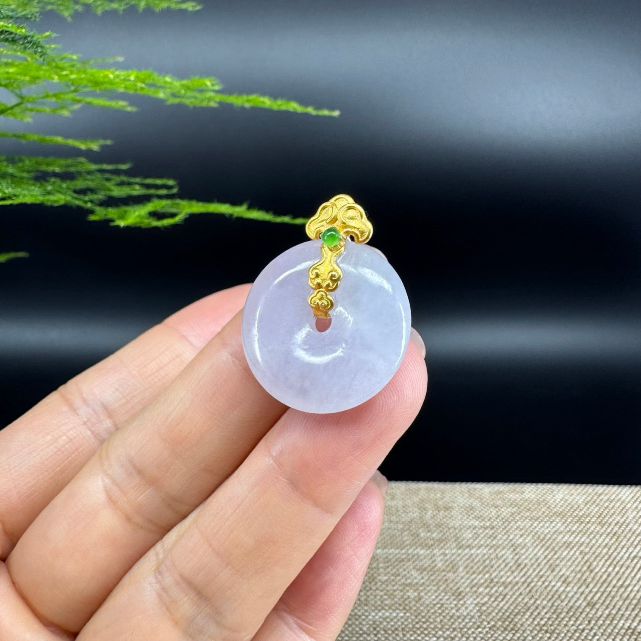 "Good Luck Button" Icy Jadeite Jade Lucky KouKou Pendant With 18K Yellow Gold  Bail