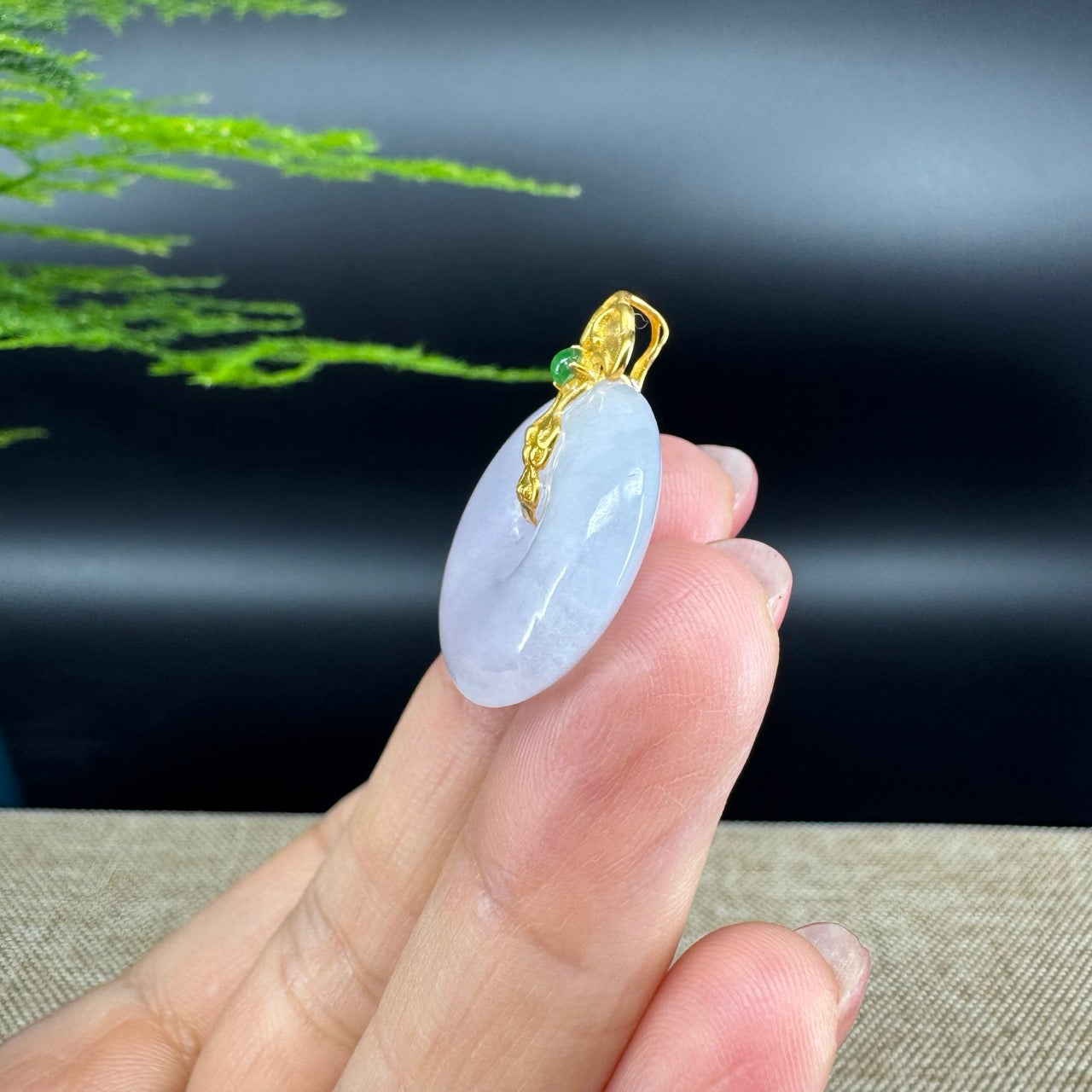"Good Luck Button" Icy Jadeite Jade Lucky KouKou Pendant With 18K Yellow Gold  Bail