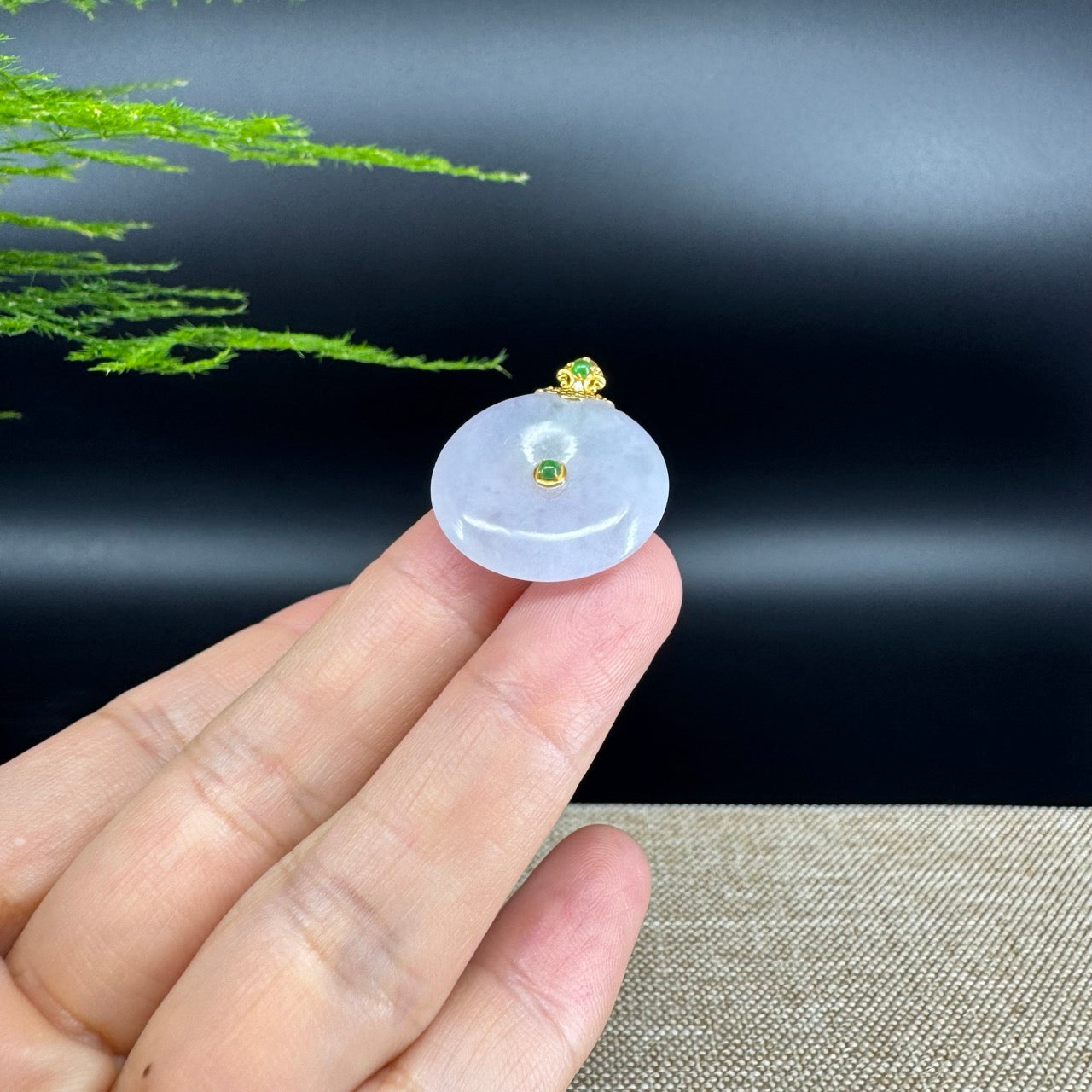 "Good Luck Button" Icy Jadeite Jade Lucky KouKou Pendant With 18K Yellow Gold  Bail