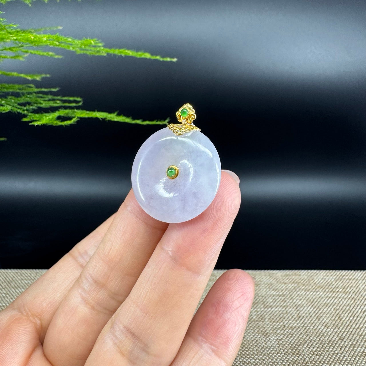 "Good Luck Button" Icy Jadeite Jade Lucky KouKou Pendant With 18K Yellow Gold  Bail