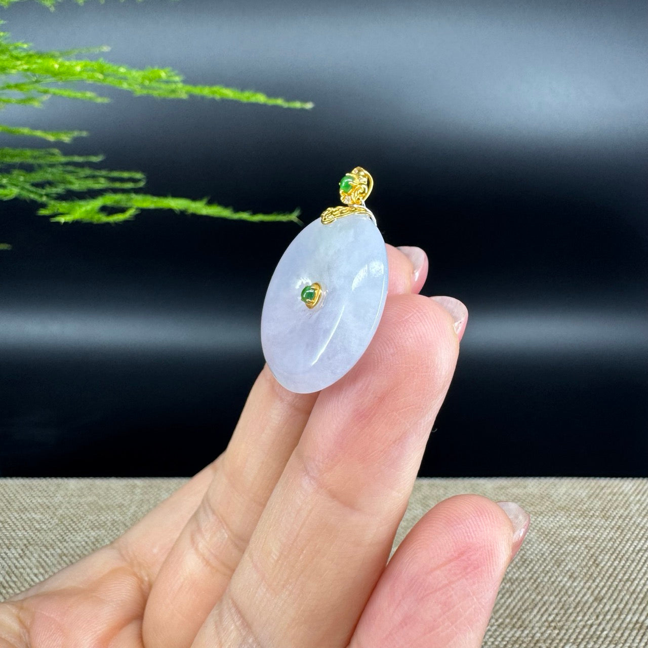 "Good Luck Button" Icy Jadeite Jade Lucky KouKou Pendant With 18K Yellow Gold  Bail