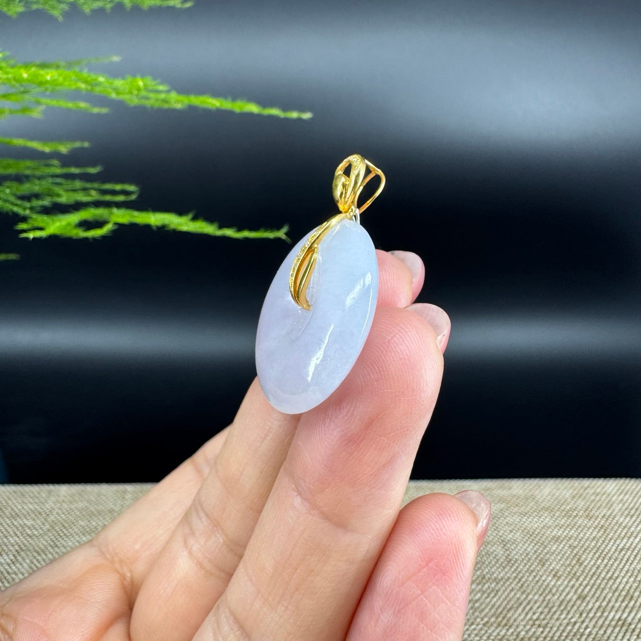 "Good Luck Button" Icy Jadeite Jade Lucky KouKou Pendant With 18K Yellow Gold Bail