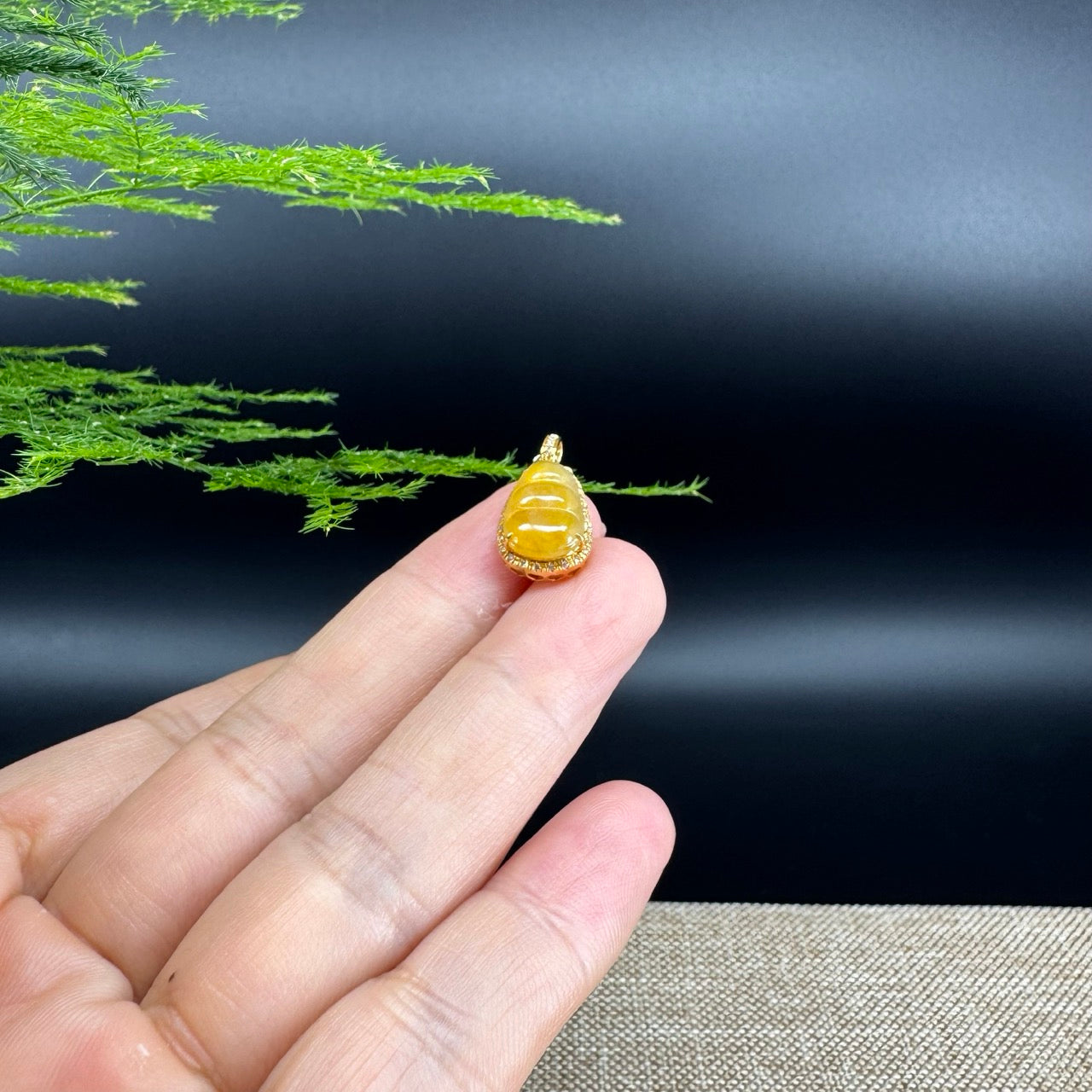 High end Genuine Burmese Honey yellow Jadeite Pendant with 18k Yellow Gold Bail
