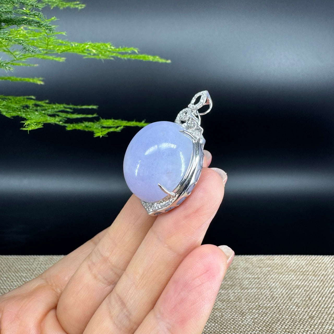 RealJade® Co. Luxury Genuine Lavender Jadeite Jade Cabochon  Necklace With 18K White Gold Diamond Bail