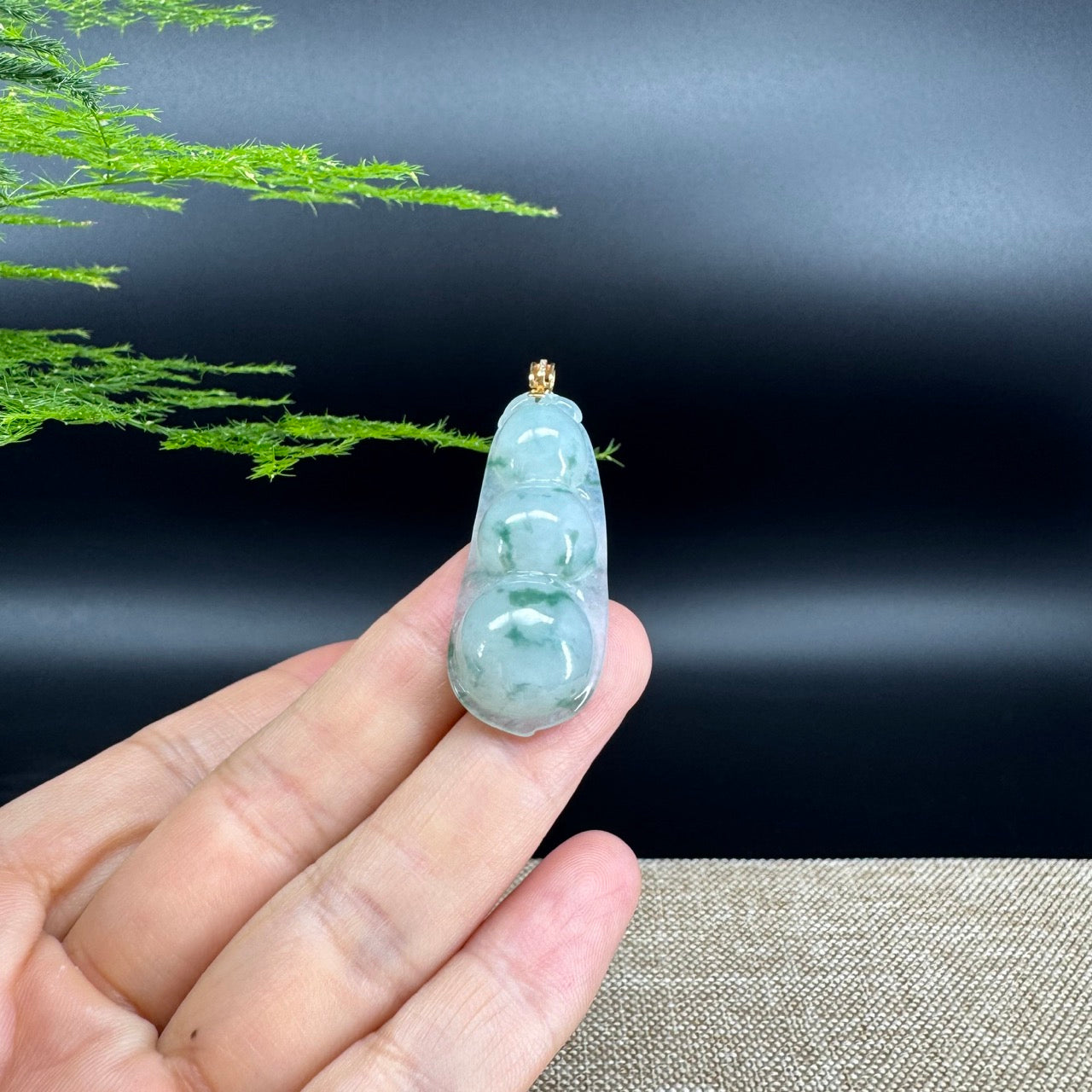 RealJade® Co. Genuine Icy Green Jadeite Jade Bean Necklace With 18K Yellow Gold Bail