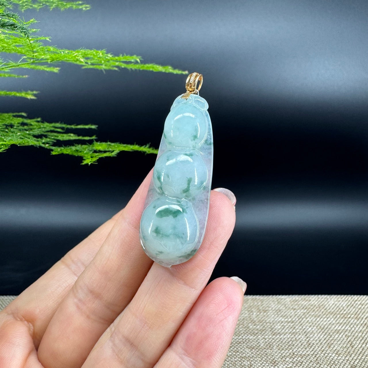 RealJade® Co. Genuine Icy Green Jadeite Jade Bean Necklace With 18K Yellow Gold Bail