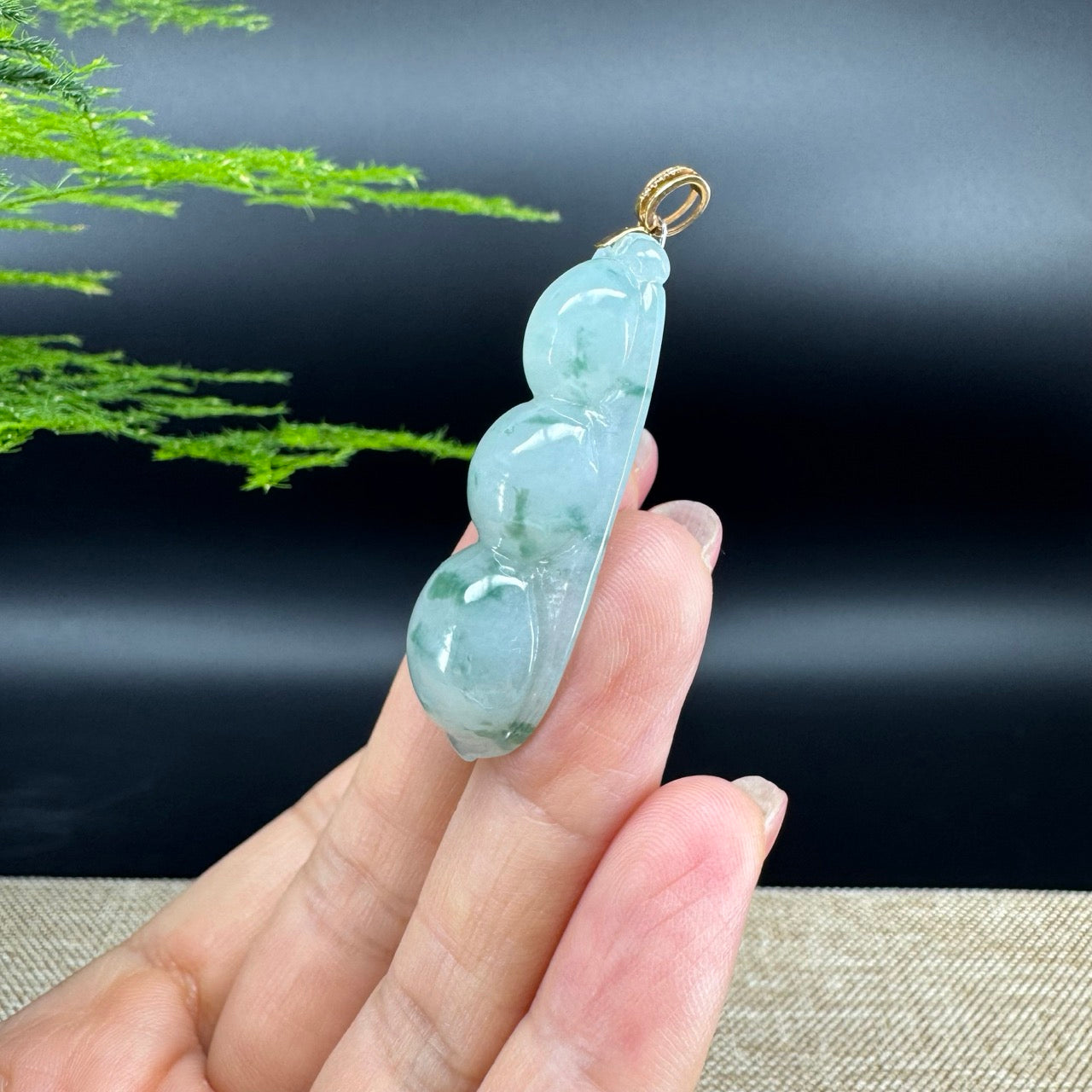 RealJade® Co. Genuine Icy Green Jadeite Jade Bean Necklace With 18K Yellow Gold Bail