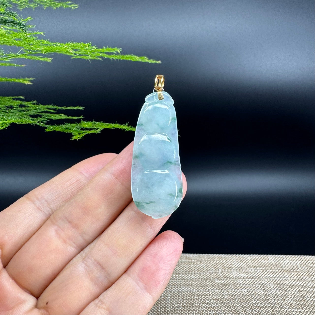 RealJade® Co. Genuine Icy Green Jadeite Jade Bean Necklace With 18K Yellow Gold Bail